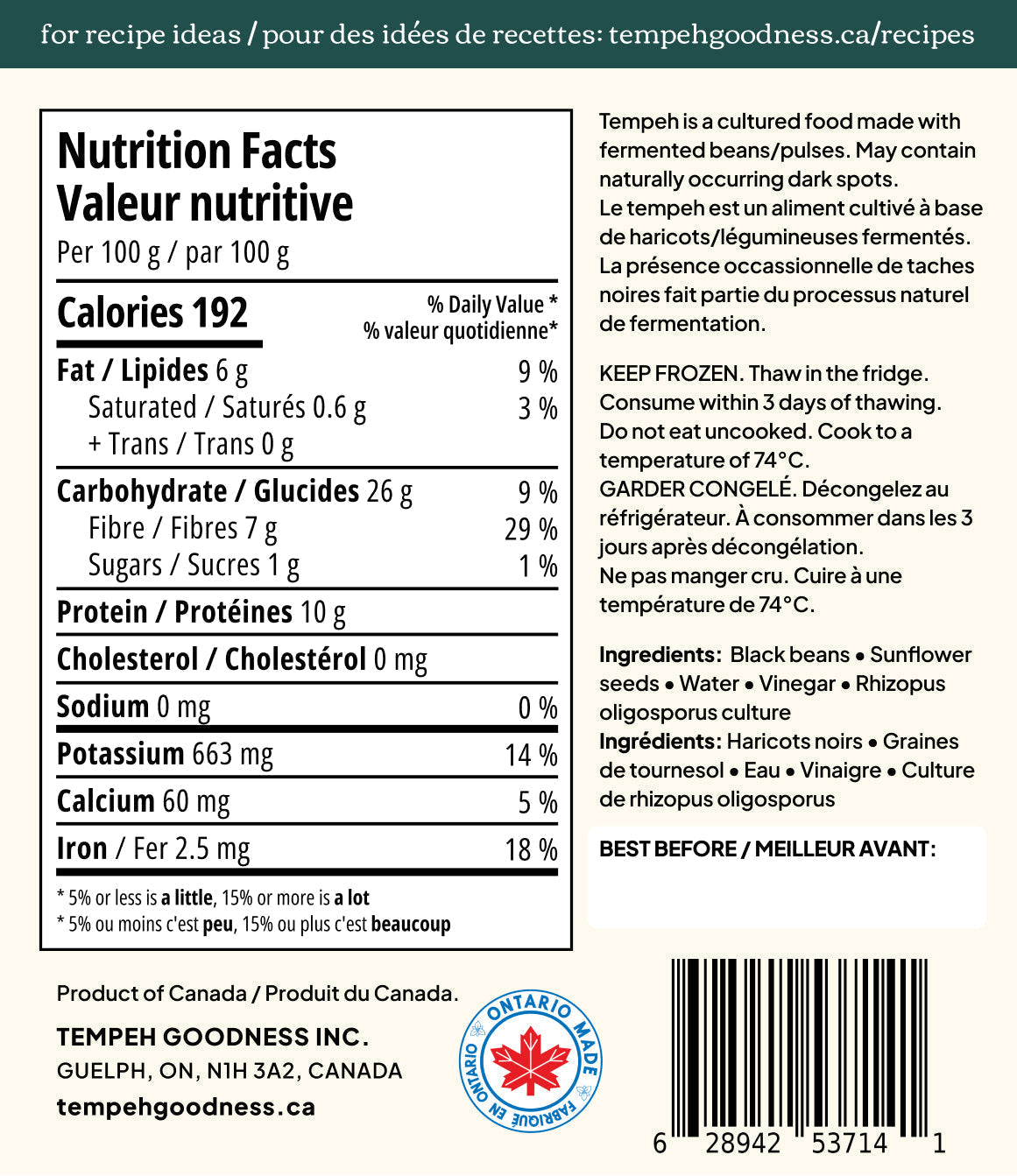 Black Bean & Sunflower Seed Tempeh (no soy)